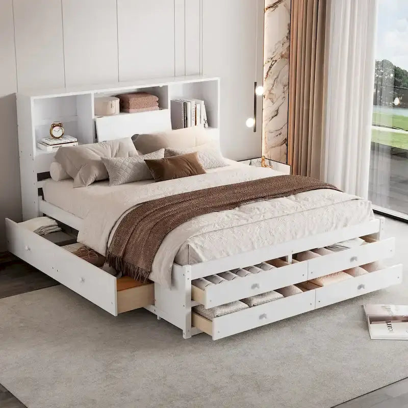 Lit plateforme Queen gris/blanc avec tête de lit de rangement et 8 tiroirs, pour 2 personnes