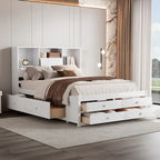 Lit plateforme Queen gris/blanc avec tête de lit de rangement et 8 tiroirs, pour 2 personnes
