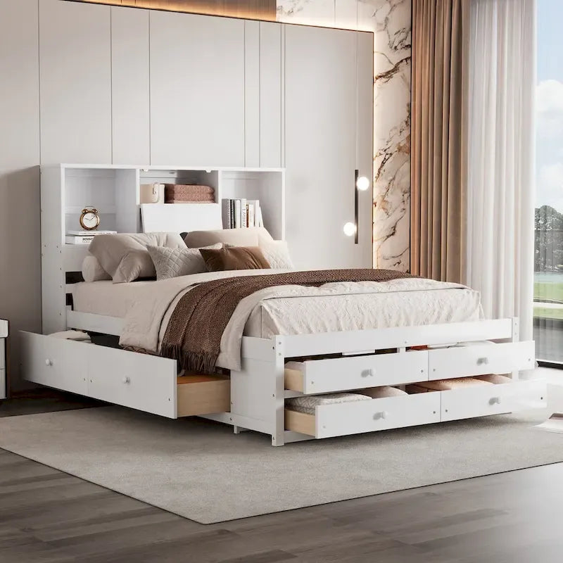 Lit plateforme Queen gris/blanc avec tête de lit de rangement et 8 tiroirs, pour 2 personnes