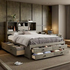 Lit plateforme Queen gris/blanc avec tête de lit de rangement et 8 tiroirs, pour 2 personnes