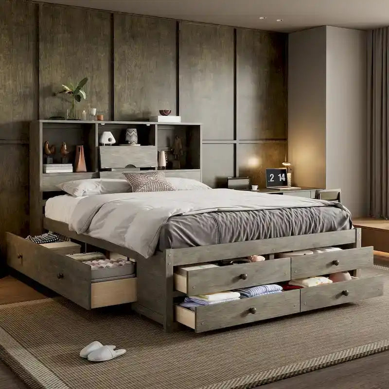 Lit plateforme Queen gris/blanc avec tête de lit de rangement et 8 tiroirs, pour 2 personnes