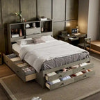 Lit plateforme Queen gris/blanc avec tête de lit de rangement et 8 tiroirs, pour 2 personnes
