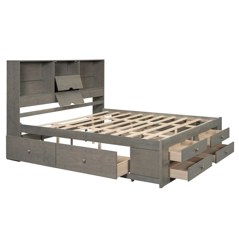 Lit plateforme Queen gris/blanc avec tête de lit de rangement et 8 tiroirs, pour 2 personnes