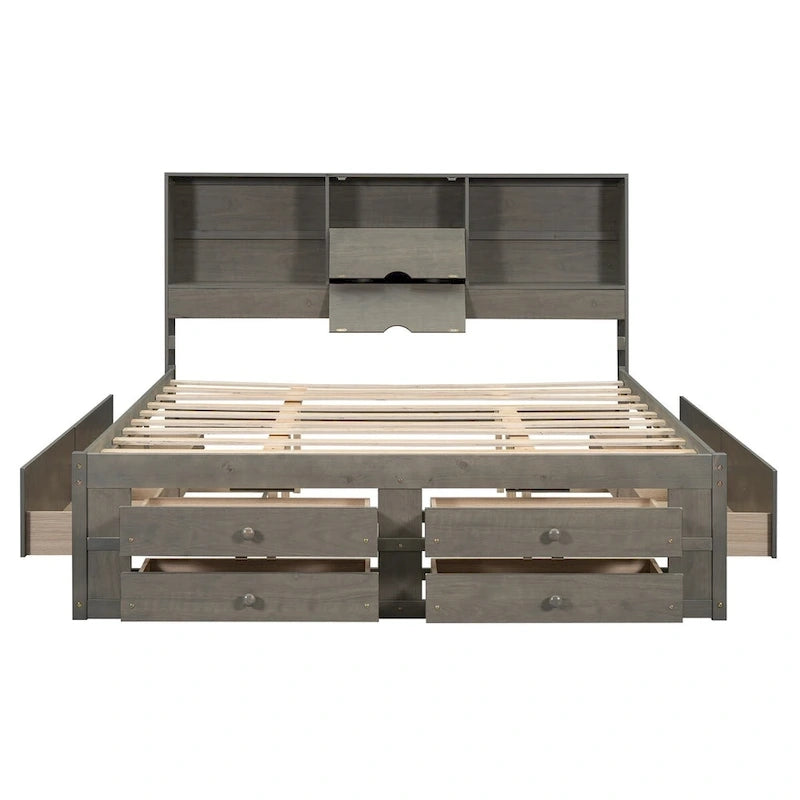 Lit plateforme Queen gris/blanc avec tête de lit de rangement et 8 tiroirs, pour 2 personnes