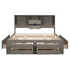 Lit plateforme Queen gris/blanc avec tête de lit de rangement et 8 tiroirs, pour 2 personnes