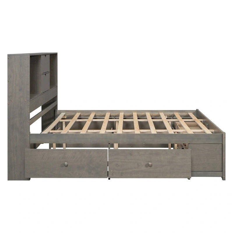 Lit plateforme Queen gris/blanc avec tête de lit de rangement et 8 tiroirs, pour 2 personnes