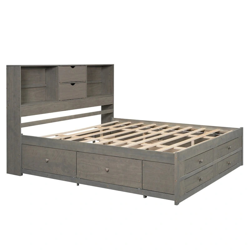 Lit plateforme Queen gris/blanc avec tête de lit de rangement et 8 tiroirs, pour 2 personnes