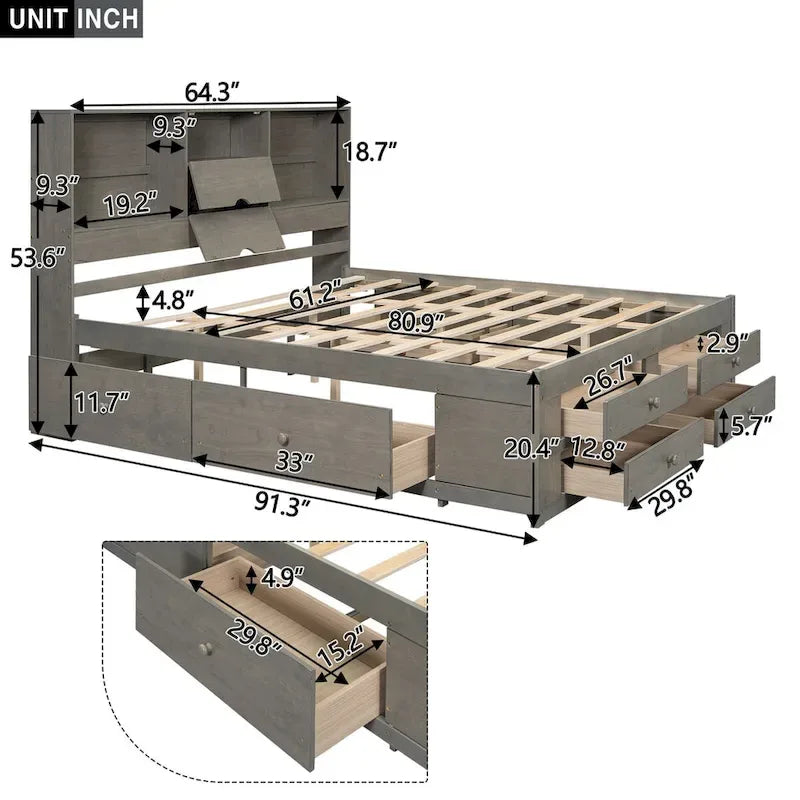 Lit plateforme Queen gris/blanc avec tête de lit de rangement et 8 tiroirs, pour 2 personnes