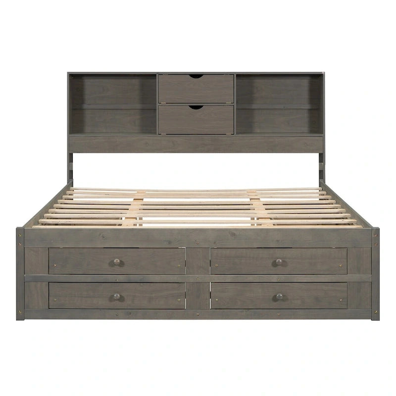 Lit plateforme Queen gris/blanc avec tête de lit de rangement et 8 tiroirs, pour 2 personnes