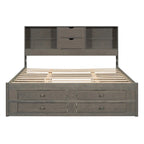 Lit plateforme Queen gris/blanc avec tête de lit de rangement et 8 tiroirs, pour 2 personnes