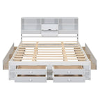 Lit plateforme Queen gris/blanc avec tête de lit de rangement et 8 tiroirs, pour 2 personnes