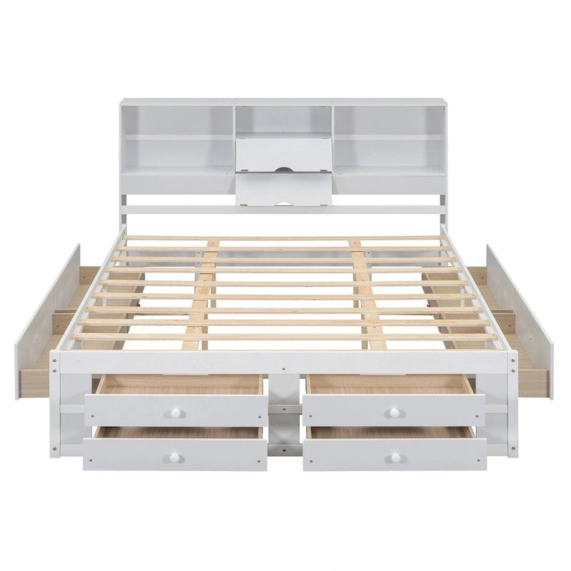 Lit plateforme Queen gris/blanc avec tête de lit de rangement et 8 tiroirs, pour 2 personnes