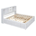 Lit plateforme Queen gris/blanc avec tête de lit de rangement et 8 tiroirs, pour 2 personnes