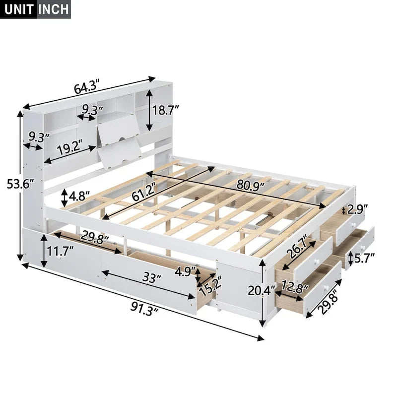 Lit plateforme Queen gris/blanc avec tête de lit de rangement et 8 tiroirs, pour 2 personnes