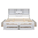 Lit plateforme Queen gris/blanc avec tête de lit de rangement et 8 tiroirs, pour 2 personnes