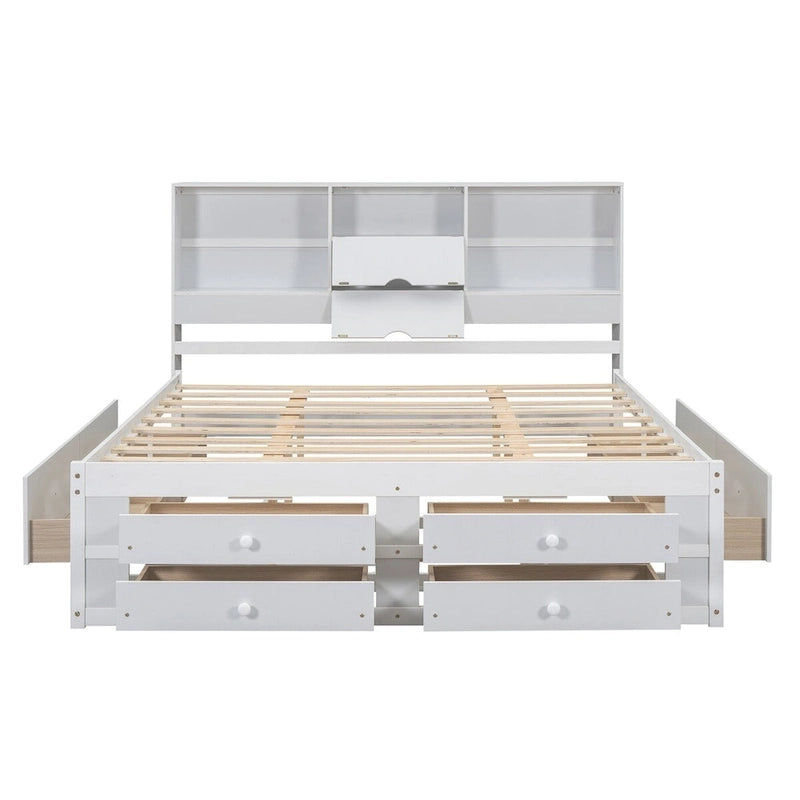 Lit plateforme Queen gris/blanc avec tête de lit de rangement et 8 tiroirs, pour 2 personnes