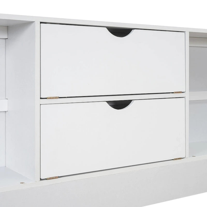 Lit plateforme Queen gris/blanc avec tête de lit de rangement et 8 tiroirs, pour 2 personnes