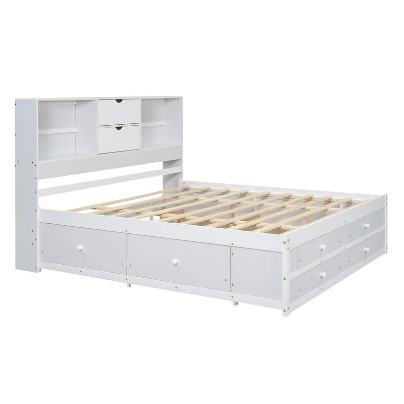 Lit plateforme Queen gris/blanc avec tête de lit de rangement et 8 tiroirs, pour 2 personnes