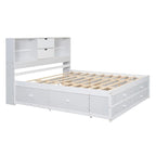 Lit plateforme Queen gris/blanc avec tête de lit de rangement et 8 tiroirs, pour 2 personnes