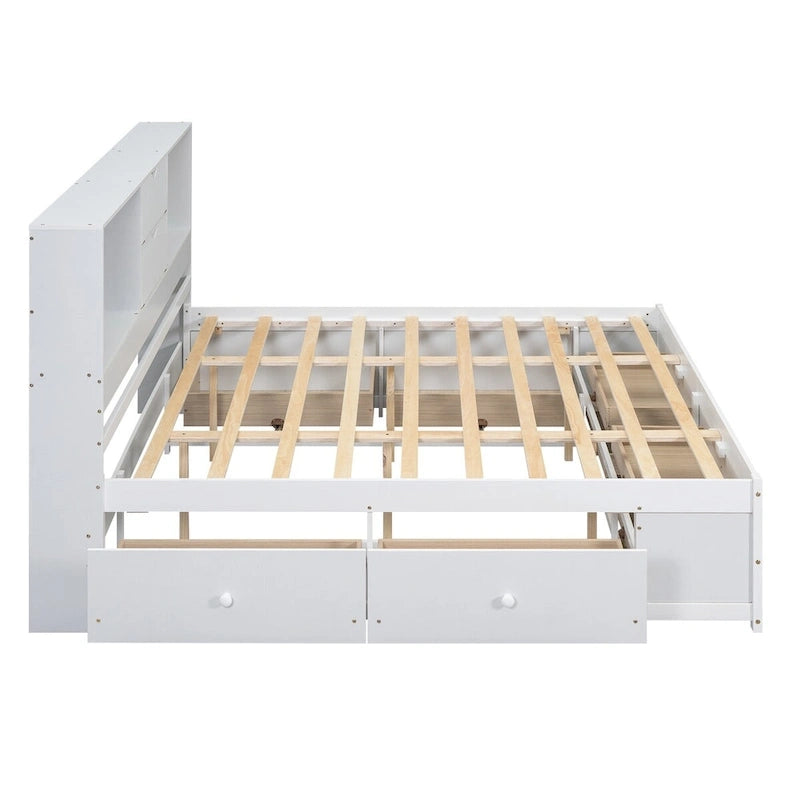 Lit plateforme Queen gris/blanc avec tête de lit de rangement et 8 tiroirs, pour 2 personnes