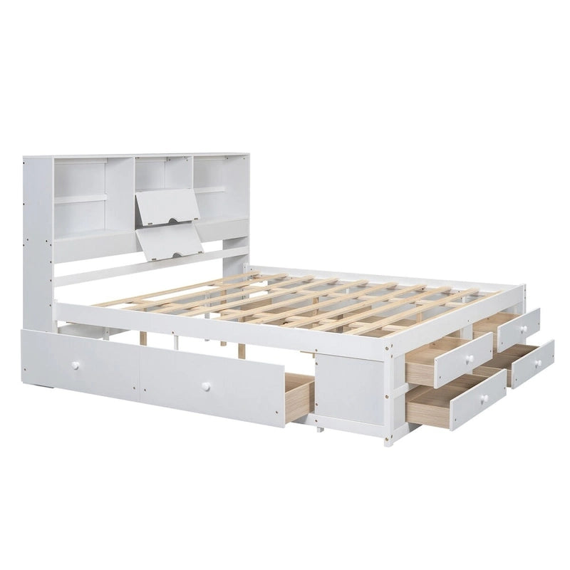 Lit plateforme Queen gris/blanc avec tête de lit de rangement et 8 tiroirs, pour 2 personnes