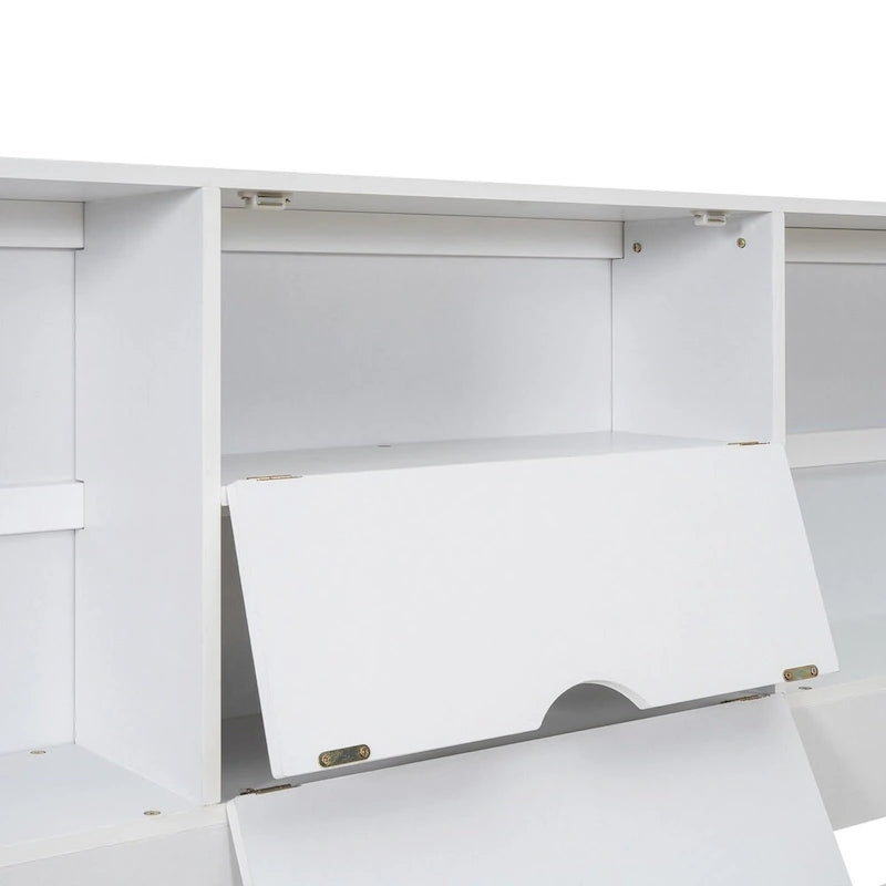Lit plateforme Queen gris/blanc avec tête de lit de rangement et 8 tiroirs, pour 2 personnes
