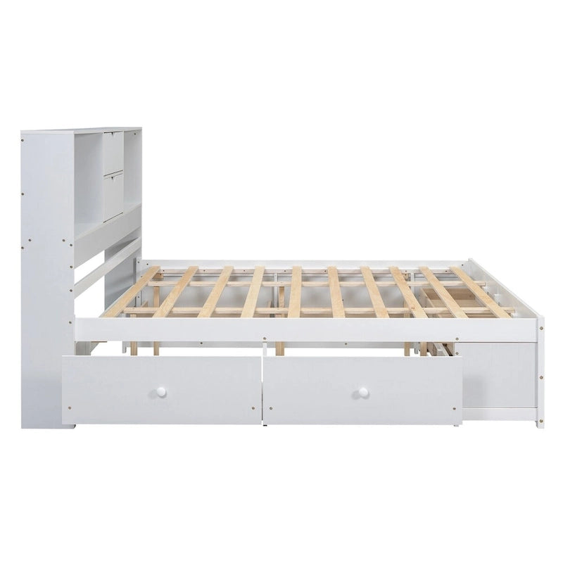 Lit plateforme Queen gris/blanc avec tête de lit de rangement et 8 tiroirs, pour 2 personnes