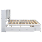 Lit plateforme Queen gris/blanc avec tête de lit de rangement et 8 tiroirs, pour 2 personnes