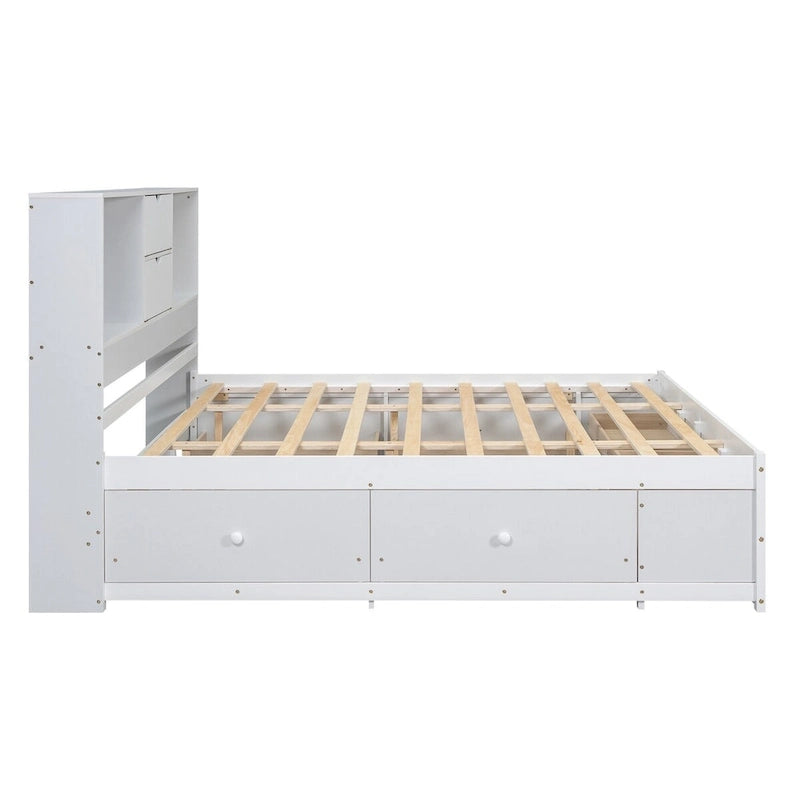 Lit plateforme Queen gris/blanc avec tête de lit de rangement et 8 tiroirs, pour 2 personnes