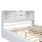 Lit plateforme Queen gris/blanc avec tête de lit de rangement et 8 tiroirs, pour 2 personnes
