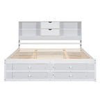 Lit plateforme Queen gris/blanc avec tête de lit de rangement et 8 tiroirs, pour 2 personnes