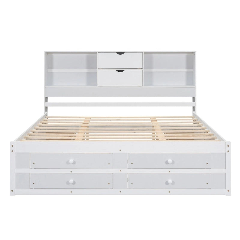Lit plateforme Queen gris/blanc avec tête de lit de rangement et 8 tiroirs, pour 2 personnes