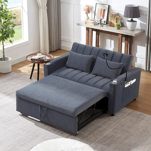 Canapé convertible 2 places beige / gris-bleu / gris clair