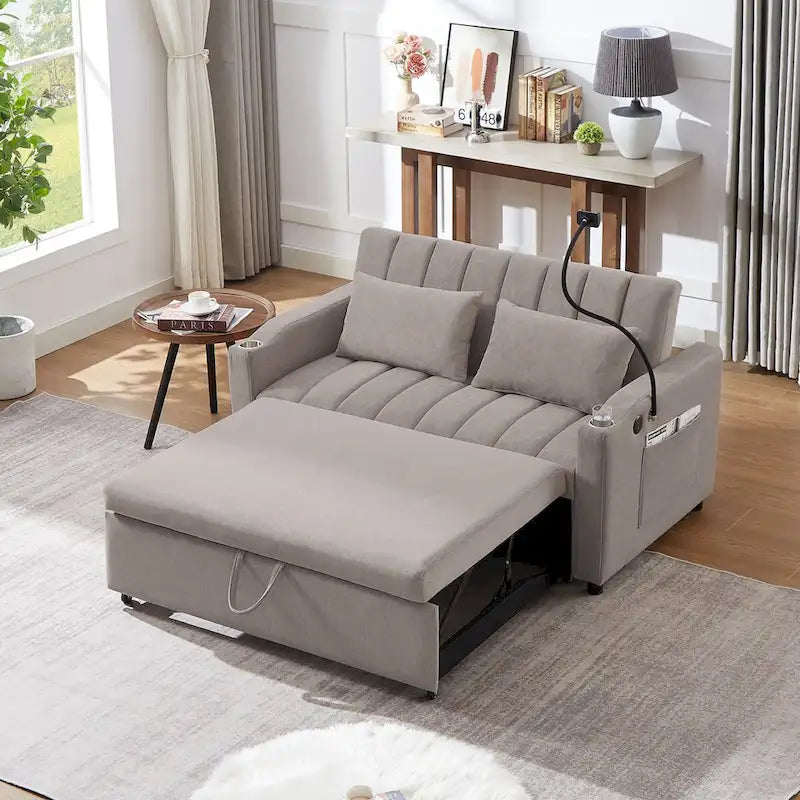 Canapé convertible 2 places beige / gris-bleu / gris clair