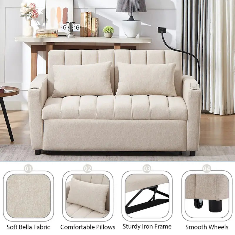 Canapé convertible 2 places beige / gris-bleu / gris clair