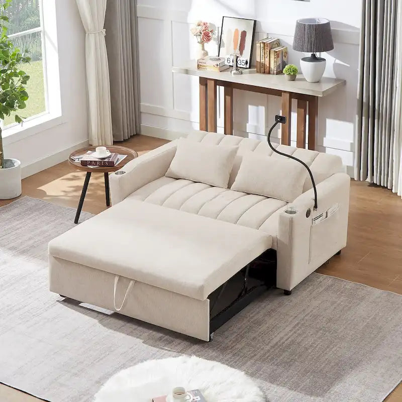 Canapé convertible 2 places beige / gris-bleu / gris clair