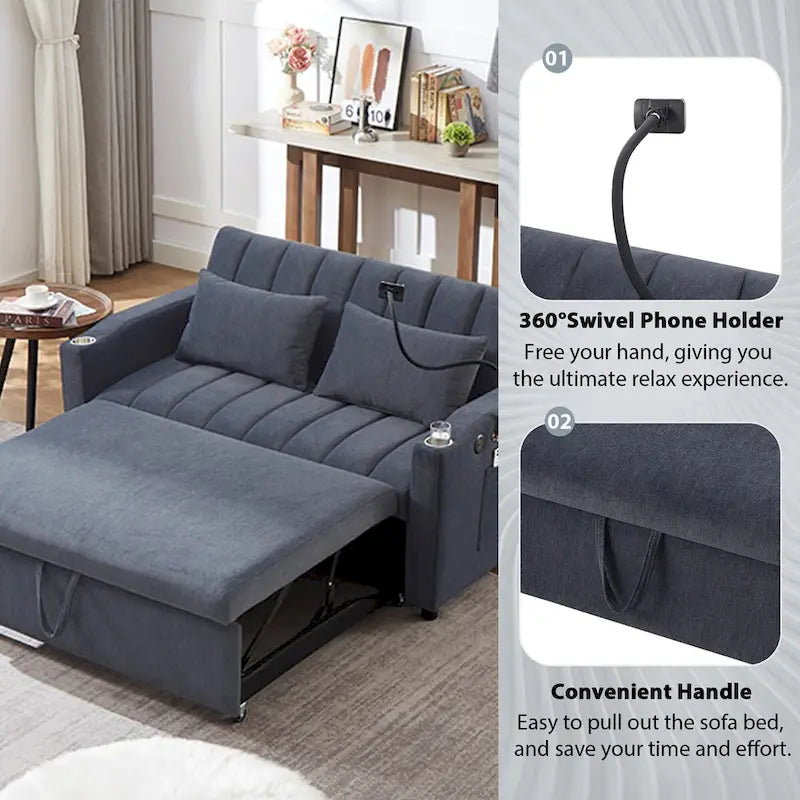 Canapé convertible 2 places beige / gris-bleu / gris clair