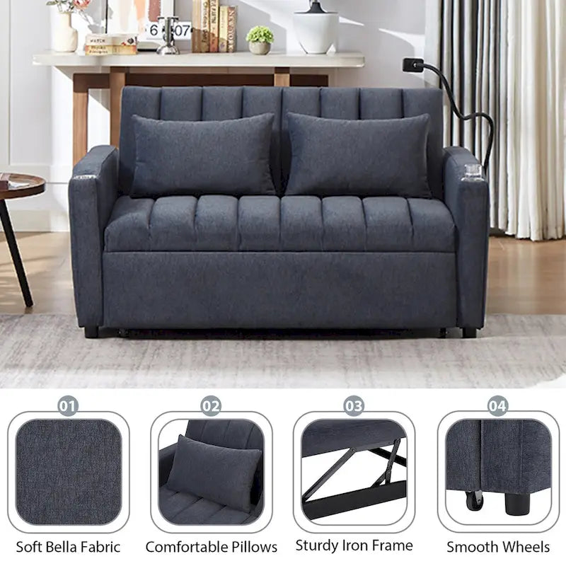 Canapé convertible 2 places beige / gris-bleu / gris clair