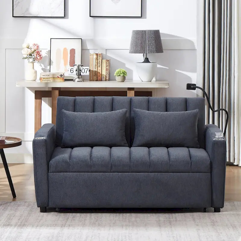 Canapé convertible 2 places beige / gris-bleu / gris clair