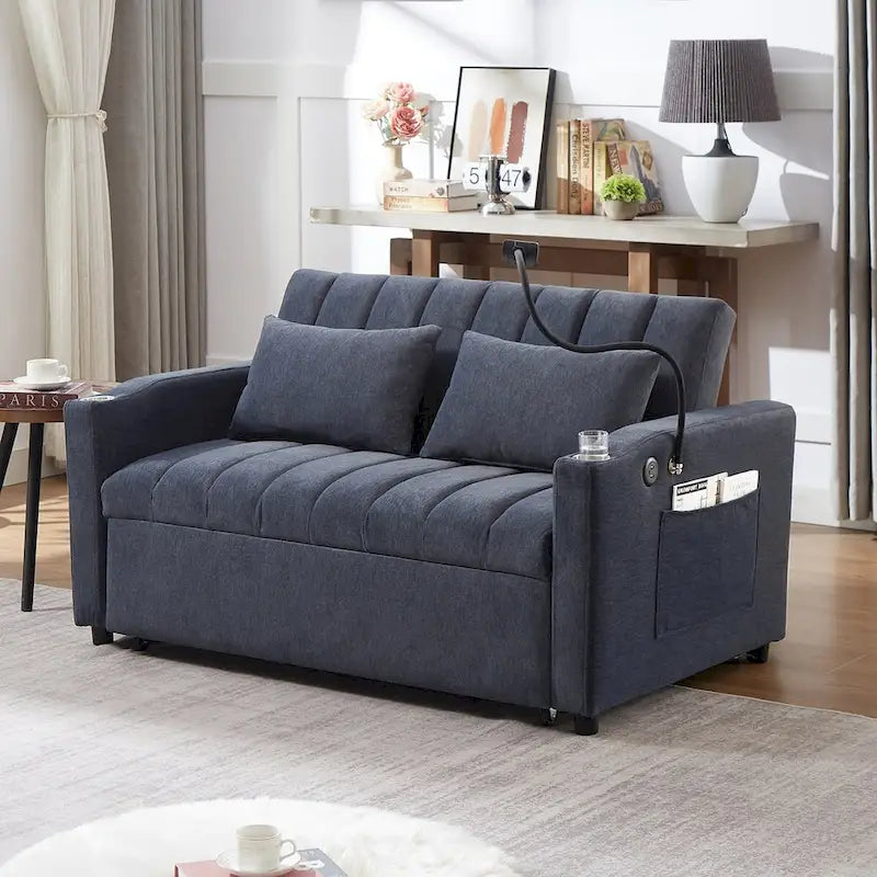 Canapé convertible 2 places beige / gris-bleu / gris clair