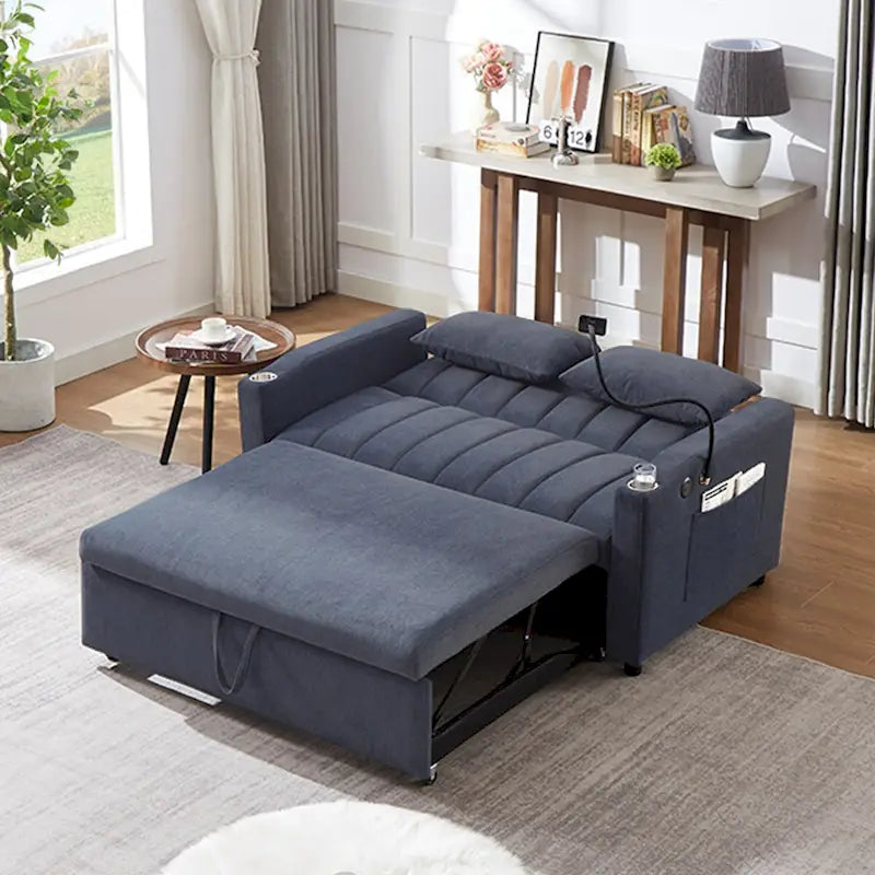 Canapé convertible 2 places beige / gris-bleu / gris clair