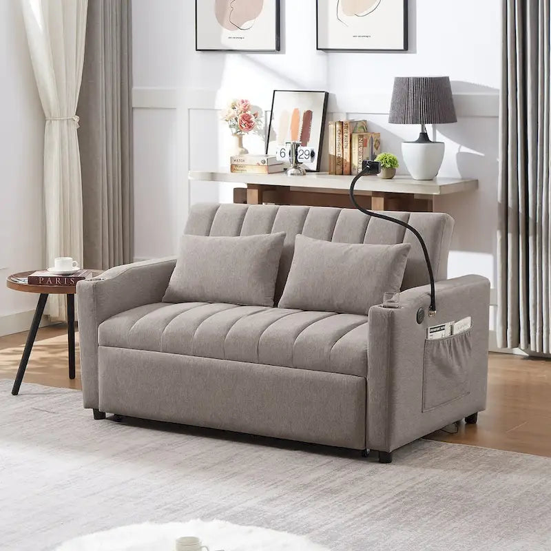Canapé convertible 2 places beige / gris-bleu / gris clair