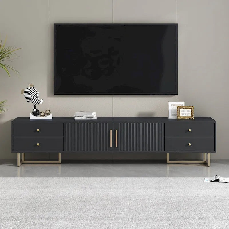 Meuble TV noir et blanc pour téléviseurs de 65 po et plus, 4 tiroirs + armoire, cadre en T