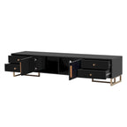 Meuble TV noir et blanc pour téléviseurs de 65 po et plus, 4 tiroirs + armoire, cadre en T