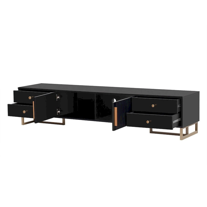 Meuble TV noir et blanc pour téléviseurs de 65 po et plus, 4 tiroirs + armoire, cadre en T