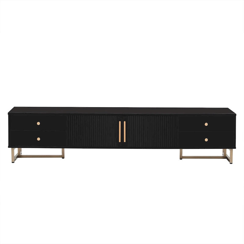 Meuble TV noir et blanc pour téléviseurs de 65 po et plus, 4 tiroirs + armoire, cadre en T