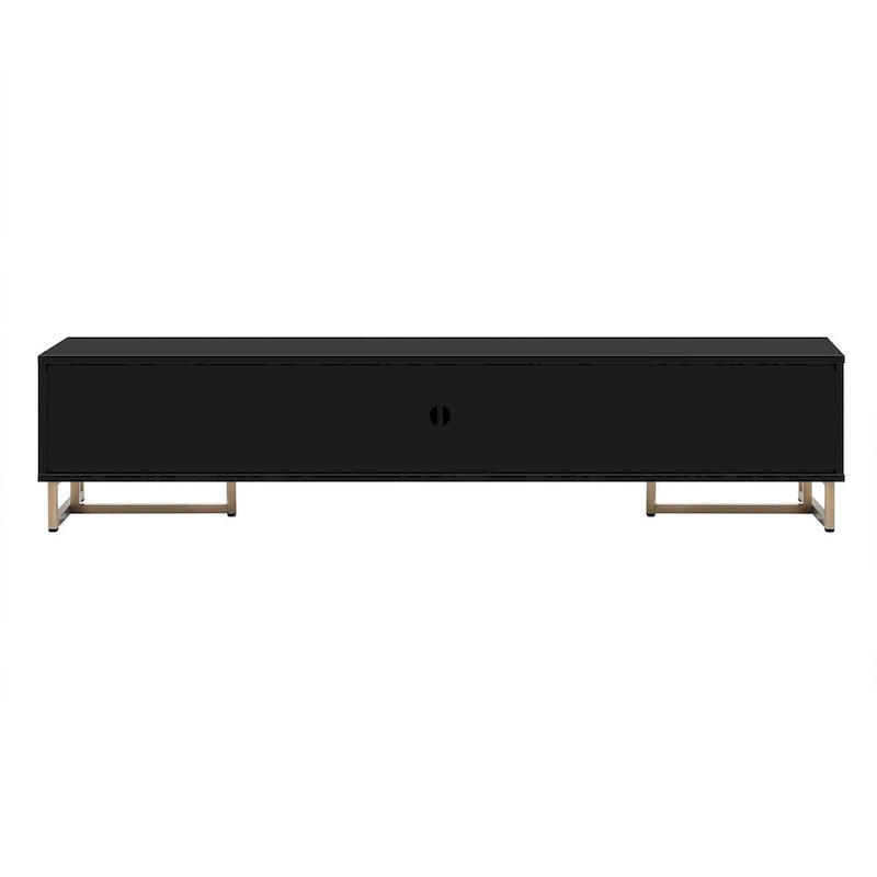 Meuble TV noir et blanc pour téléviseurs de 65 po et plus, 4 tiroirs + armoire, cadre en T