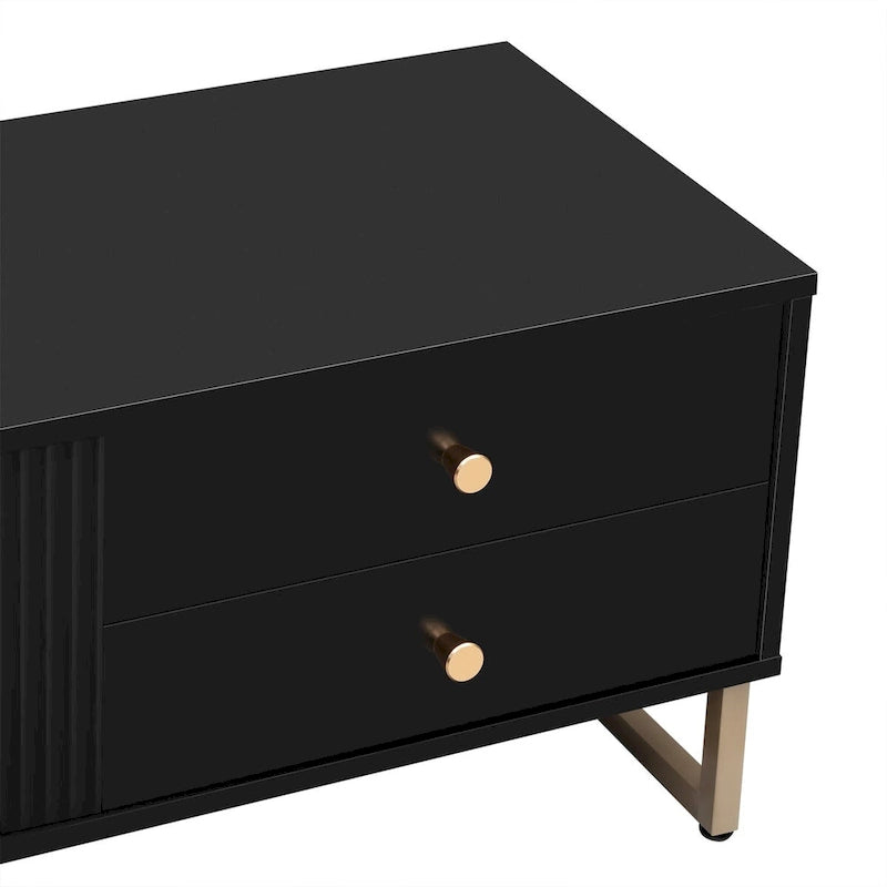 Meuble TV noir et blanc pour téléviseurs de 65 po et plus, 4 tiroirs + armoire, cadre en T