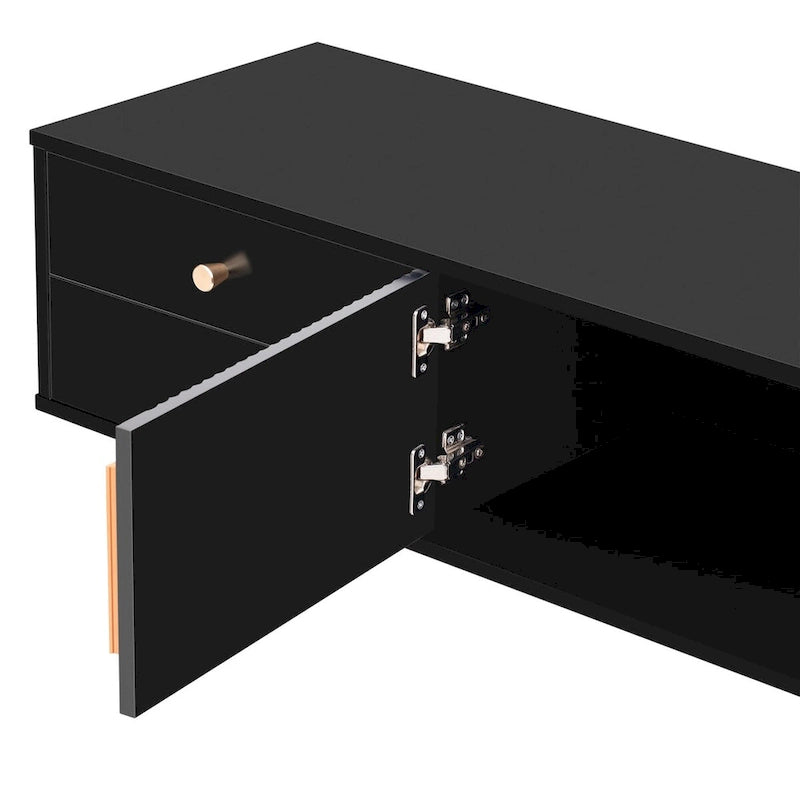 Meuble TV noir et blanc pour téléviseurs de 65 po et plus, 4 tiroirs + armoire, cadre en T
