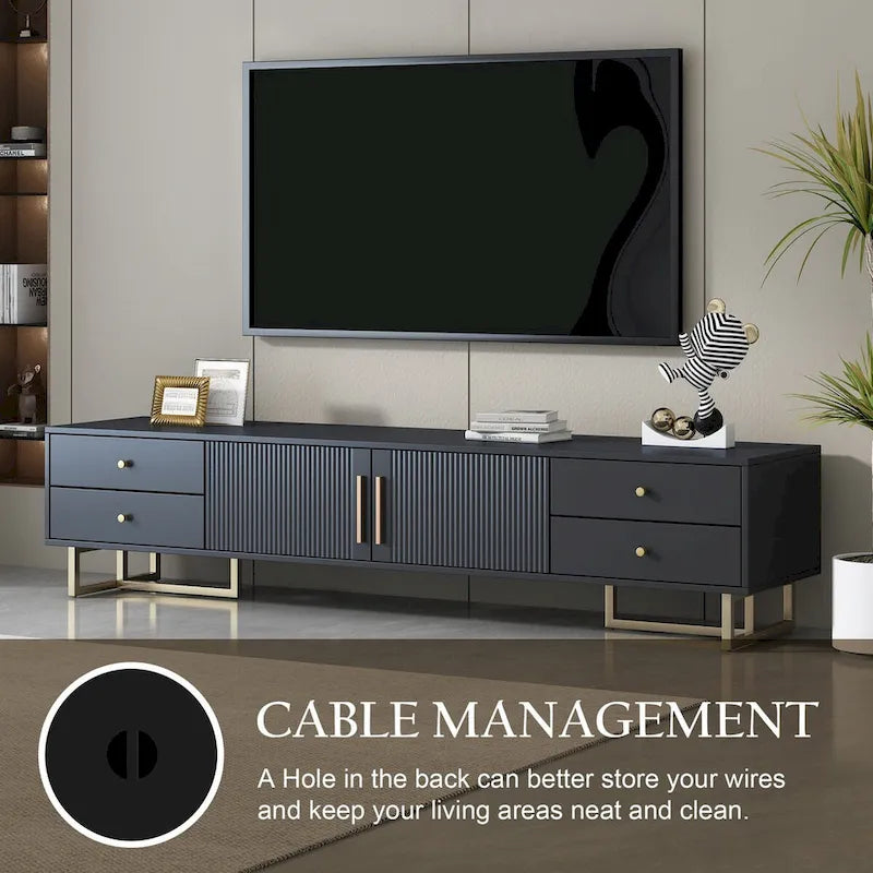 Meuble TV noir et blanc pour téléviseurs de 65 po et plus, 4 tiroirs + armoire, cadre en T